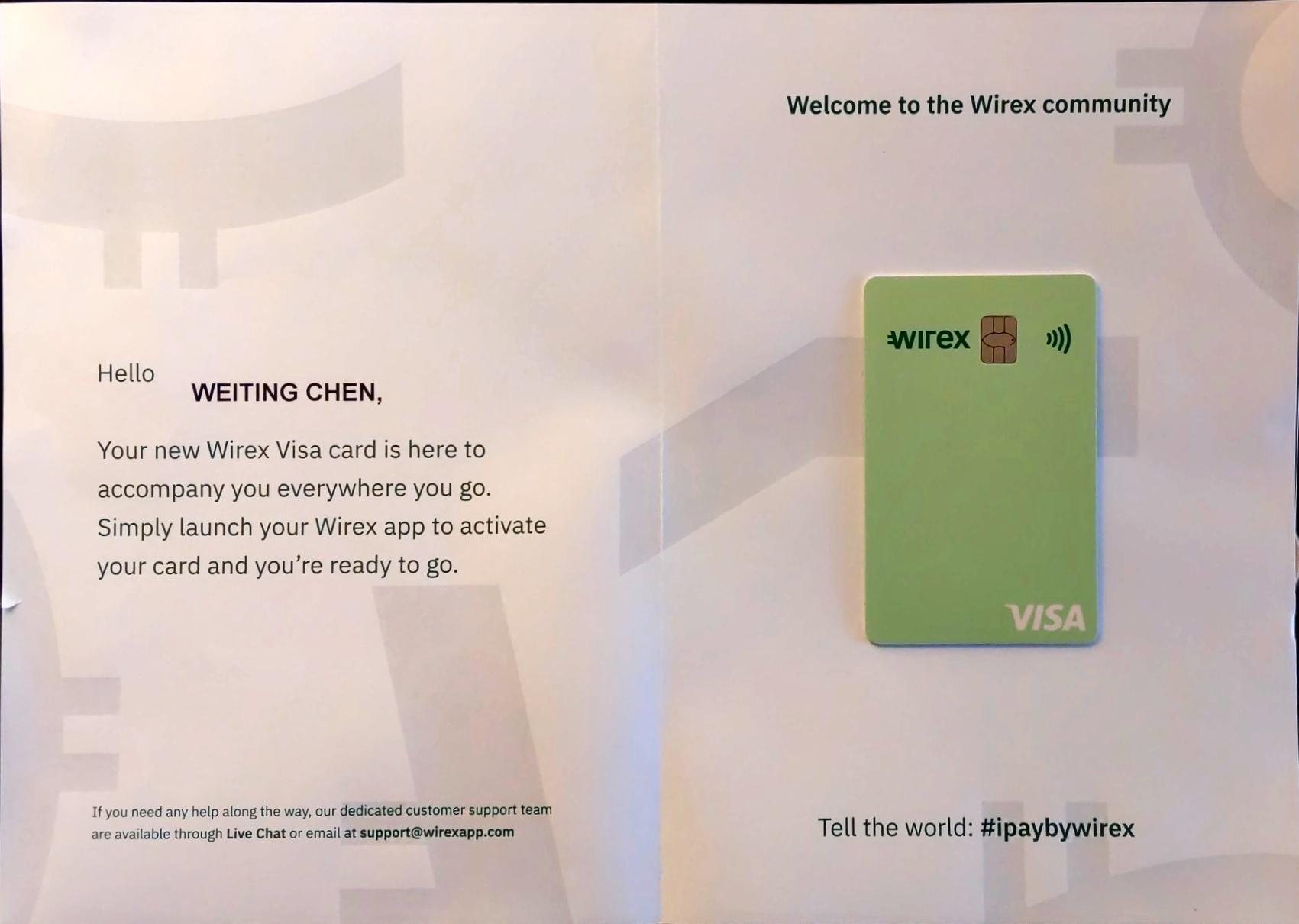 Letter from Wirex with card attached