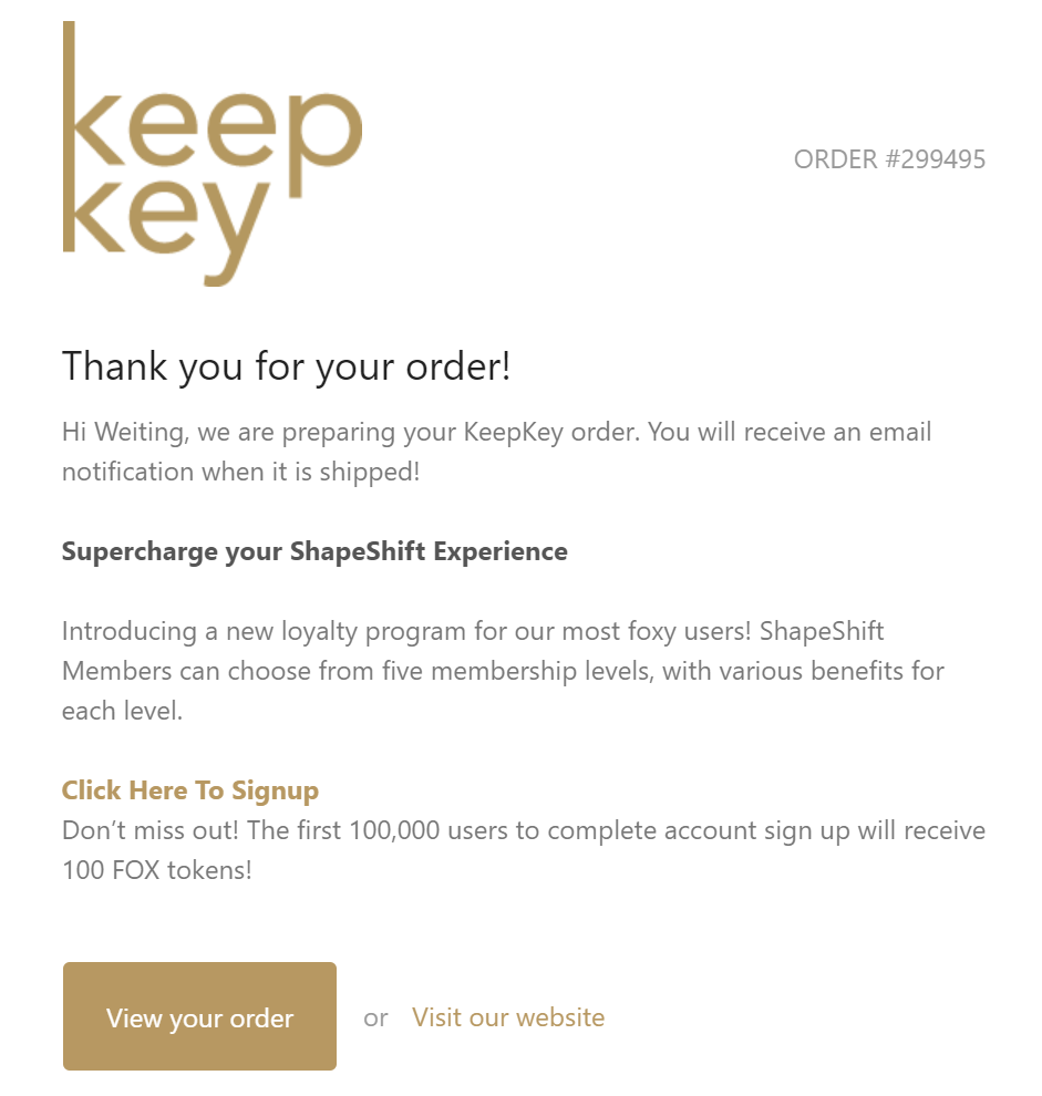 A screenshot of my KeepKey order